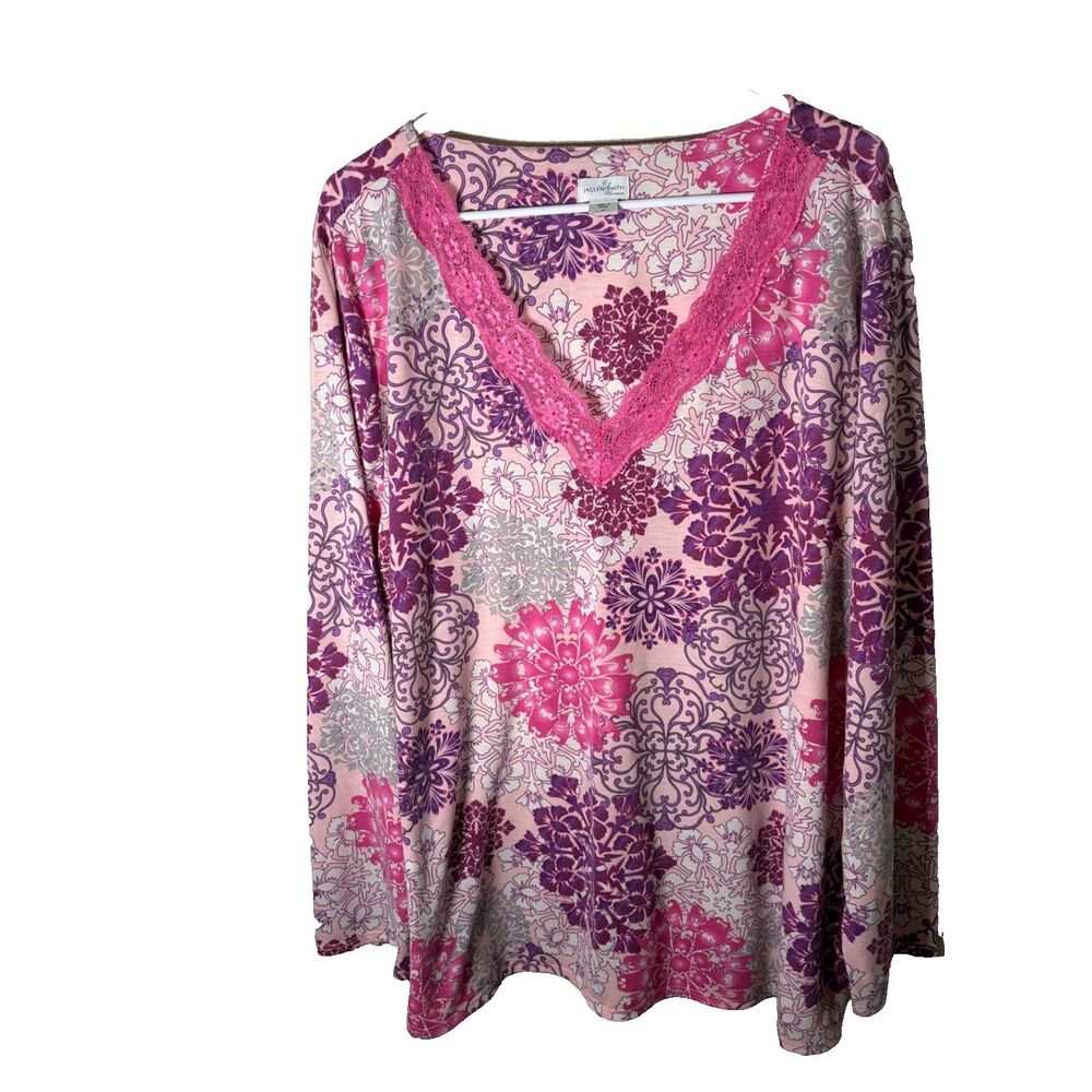 Jaclyn Smith T-Shirt Women's 3X V-Neck Lace Long Sleeve Floral Boho Top